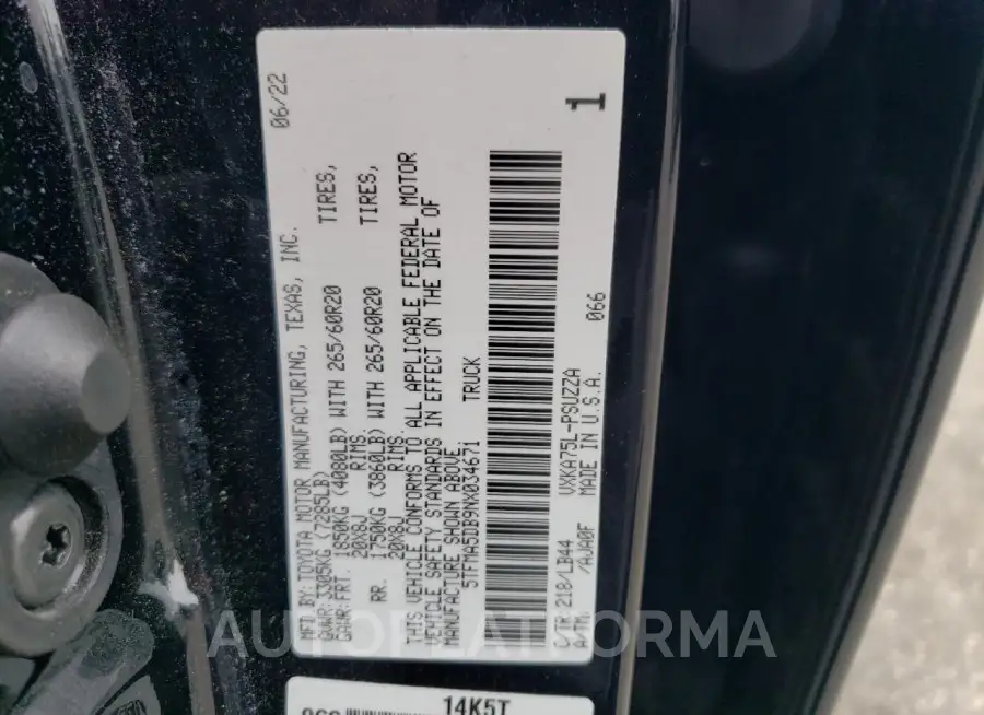 TOYOTA TUNDRA CRE 2022 vin 5TFMA5DB9NX034671 from auto auction Copart