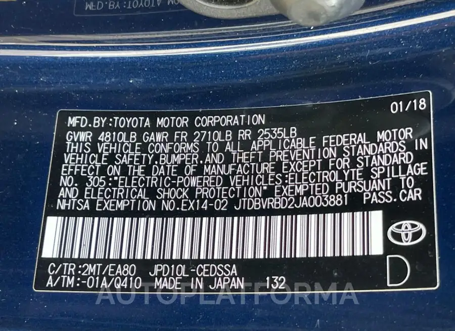 TOYOTA MIRAI 2018 vin JTDBVRBD2JA003881 from auto auction Copart