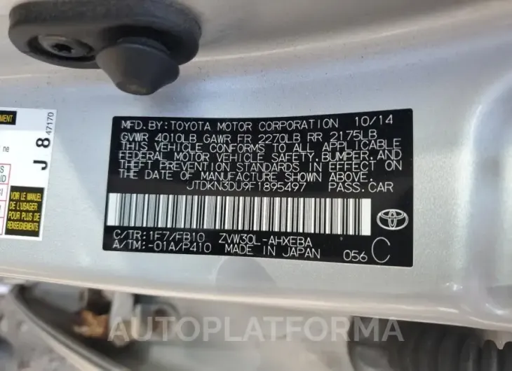 TOYOTA PRIUS 2015 vin JTDKN3DU9F1895497 from auto auction Copart