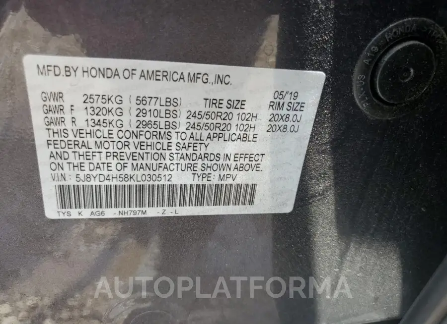 ACURA MDX TECHNO 2019 vin 5J8YD4H58KL030512 from auto auction Copart