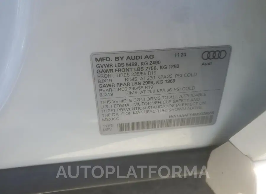 AUDI Q5 PREMIUM 2021 vin WA1AAAFY4M2029655 from auto auction Copart