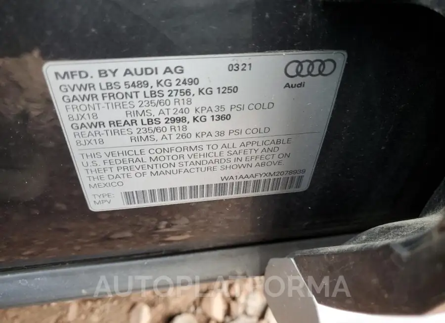 AUDI Q5 PREMIUM 2021 vin WA1AAAFYXM2078939 from auto auction Copart