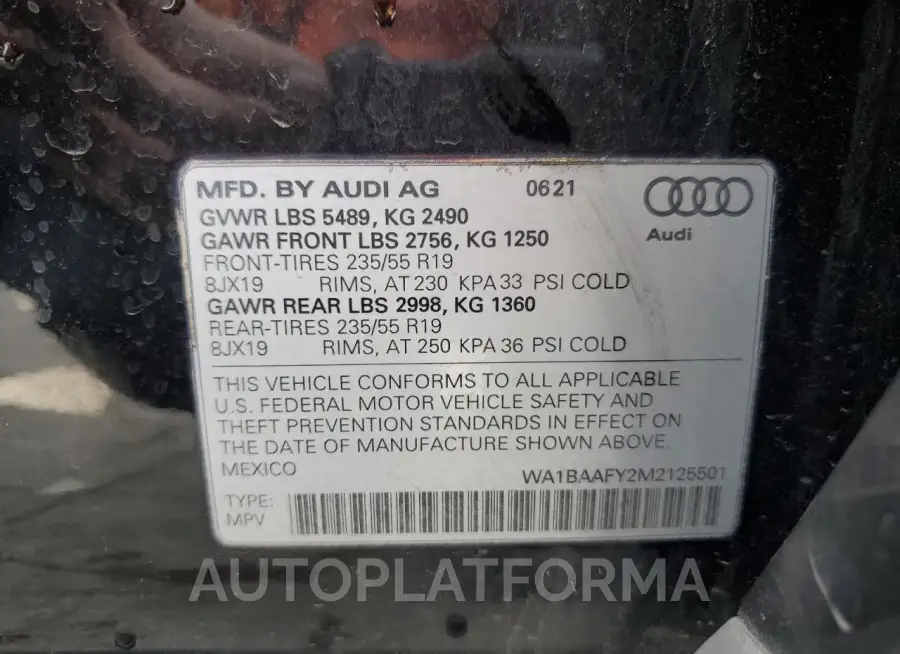 AUDI Q5 PREMIUM 2021 vin WA1BAAFY2M2125501 from auto auction Copart