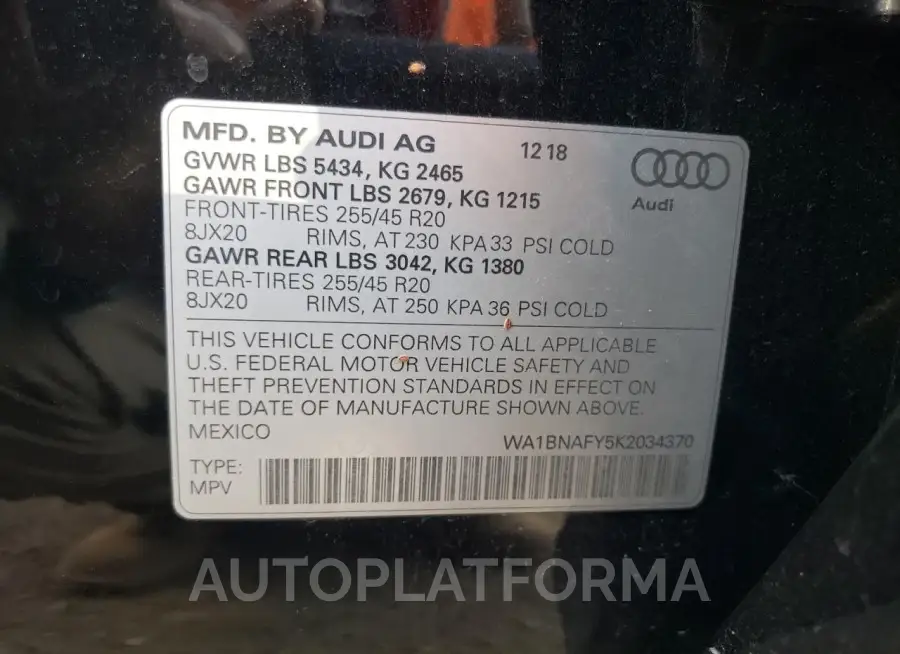 AUDI Q5 PREMIUM 2019 vin WA1BNAFY5K2034370 from auto auction Copart