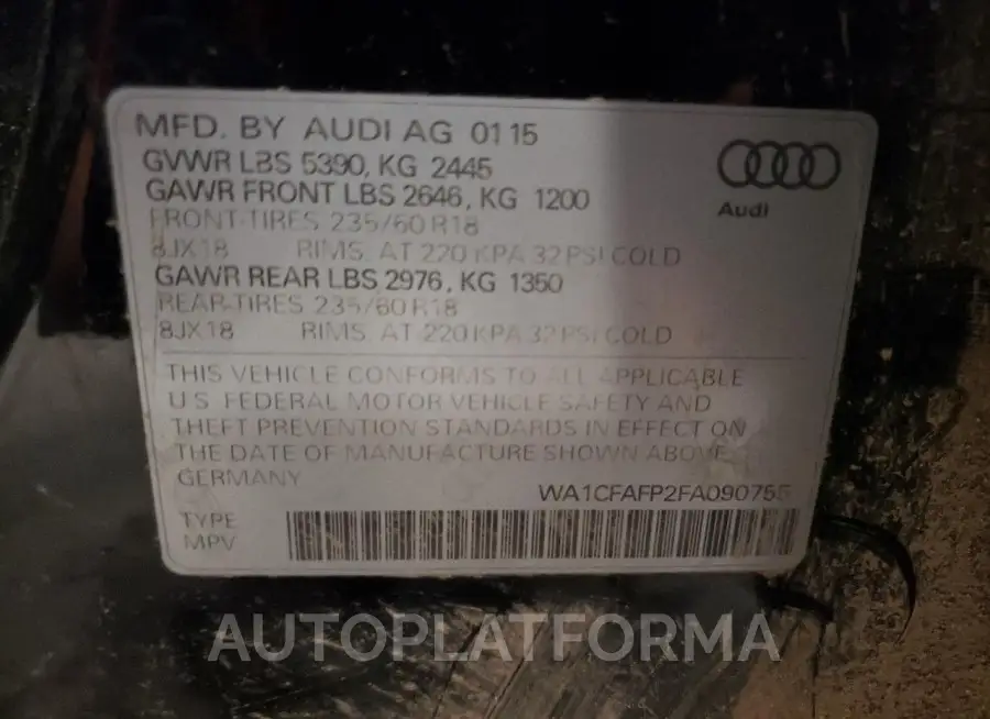 AUDI Q5 PREMIUM 2015 vin WA1CFAFP2FA090755 from auto auction Copart