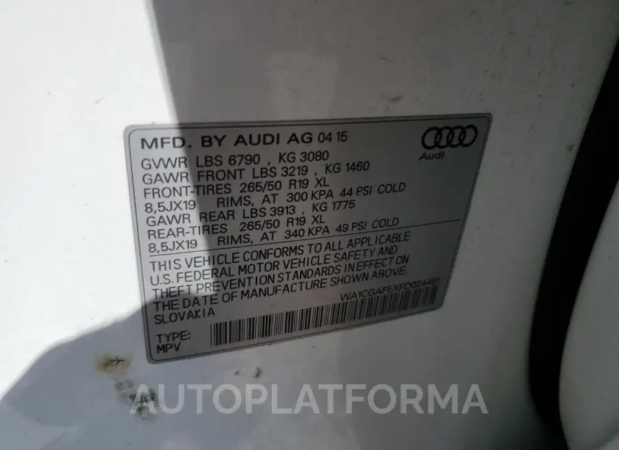 AUDI Q7 PREMIUM 2015 vin WA1CGAFEXFD024481 from auto auction Copart