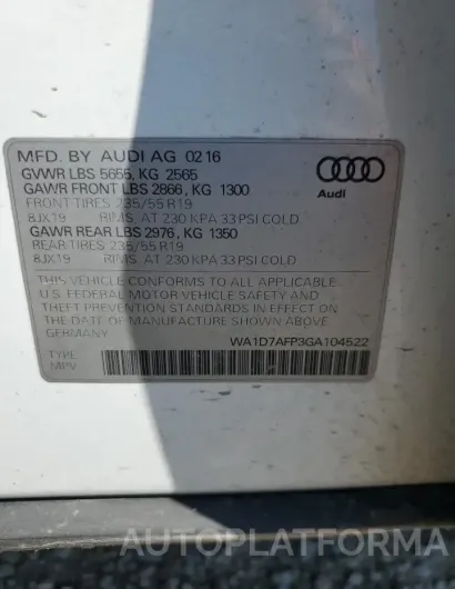 AUDI Q5 PREMIUM 2016 vin WA1D7AFP3GA104522 from auto auction Copart