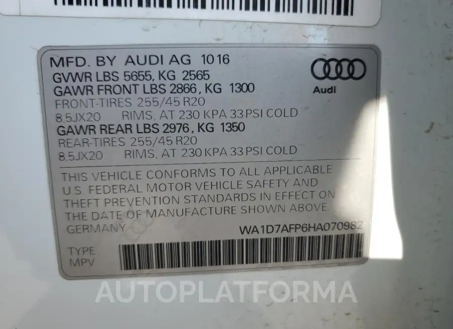 AUDI Q5 PREMIUM 2017 vin WA1D7AFP6HA070982 from auto auction Copart