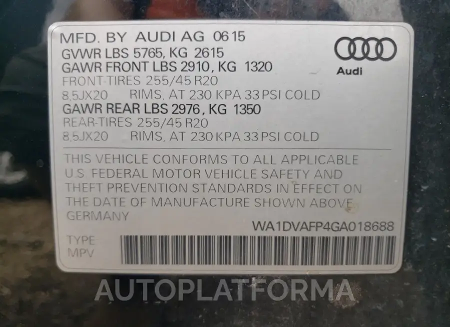 AUDI Q5 TDI PRE 2016 vin WA1DVAFP4GA018688 from auto auction Copart