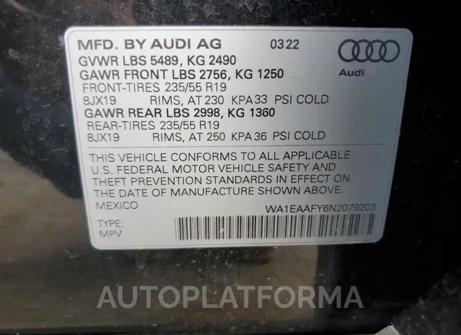 AUDI Q5 PREMIUM 2022 vin WA1EAAFY6N2079203 from auto auction Copart