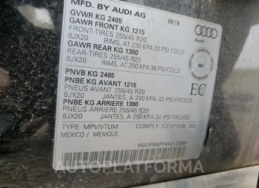 AUDI Q5 TECHNIK 2019 vin WA1FNAFY4K2122697 from auto auction Copart