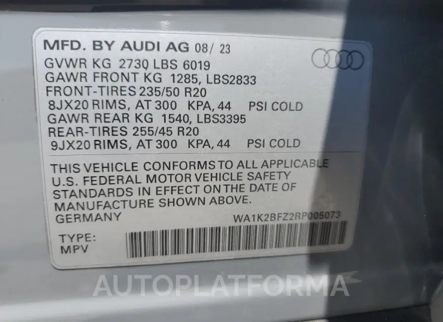 AUDI Q4 E-TRON 2024 vin WA1K2BFZ2RP005073 from auto auction Copart