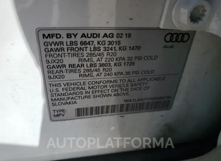 AUDI Q7 PREMIUM 2019 vin WA1LAAF71KD033194 from auto auction Copart