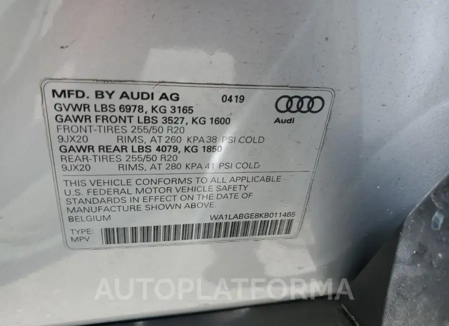 AUDI E-TRON PRE 2019 vin WA1LABGE8KB011465 from auto auction Copart