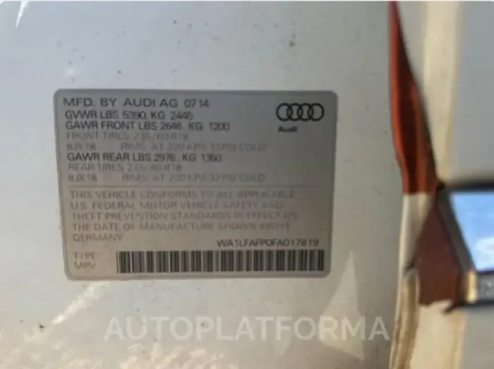 AUDI Q5 PREMIUM 2015 vin WA1LFAFP0FA017819 from auto auction Copart