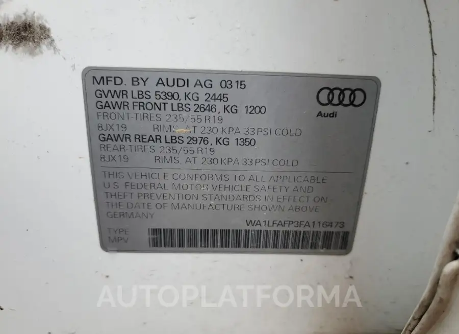 AUDI Q5 PREMIUM 2015 vin WA1LFAFP3FA116473 from auto auction Copart