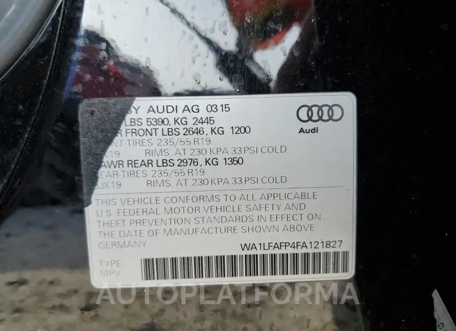 AUDI Q5 PREMIUM 2015 vin WA1LFAFP4FA121827 from auto auction Copart