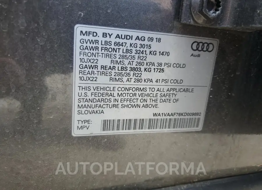 AUDI Q7 PRESTIG 2019 vin WA1VAAF76KD009692 from auto auction Copart