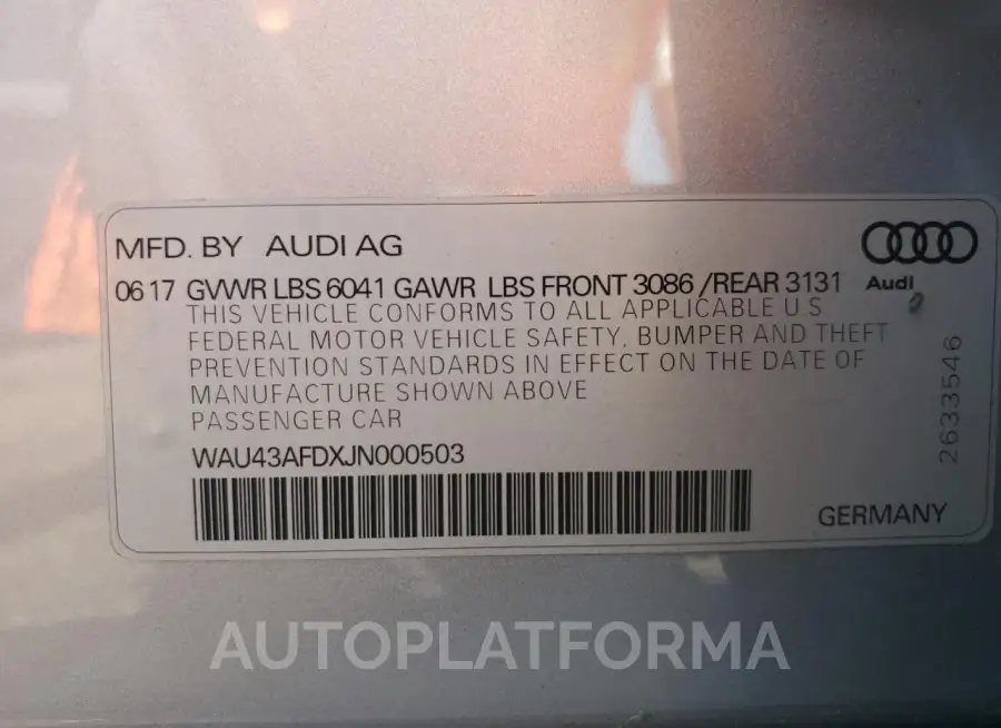 AUDI A8 L QUATT 2018 vin WAU43AFDXJN000503 from auto auction Copart