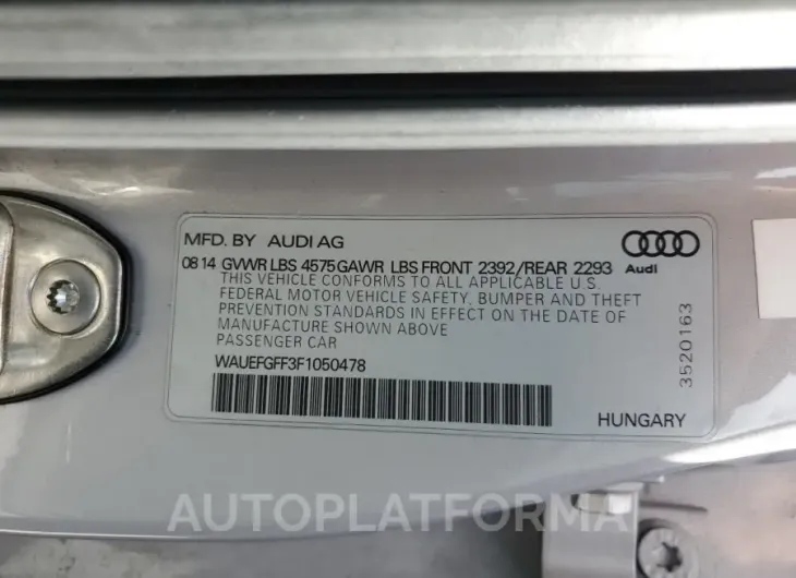 AUDI A3 PREMIUM 2015 vin WAUEFGFF3F1050478 from auto auction Copart