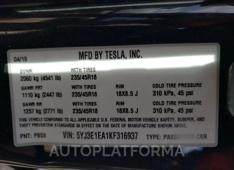 TESLA MODEL 3 2019 vin 5YJ3E1EA1KF316937 from auto auction Copart