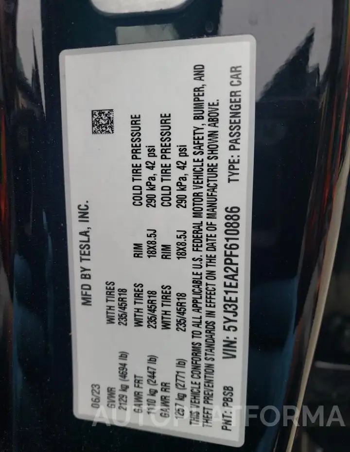 TESLA MODEL 3 2023 vin 5YJ3E1EA2PF610886 from auto auction Copart