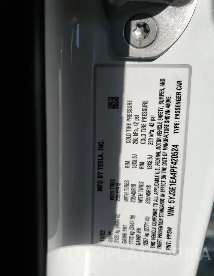 TESLA MODEL 3 2023 vin 5YJ3E1EA4PF420524 from auto auction Copart