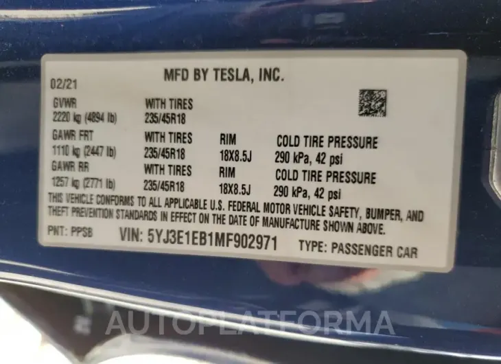 TESLA MODEL 3 2021 vin 5YJ3E1EB1MF902971 from auto auction Copart