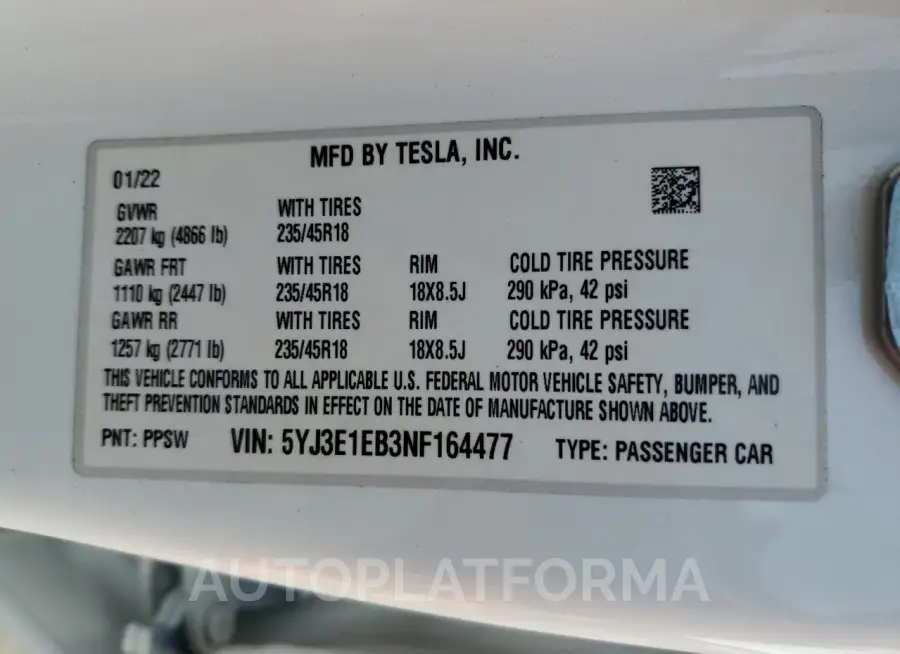 TESLA MODEL 3 2022 vin 5YJ3E1EB3NF164477 from auto auction Copart