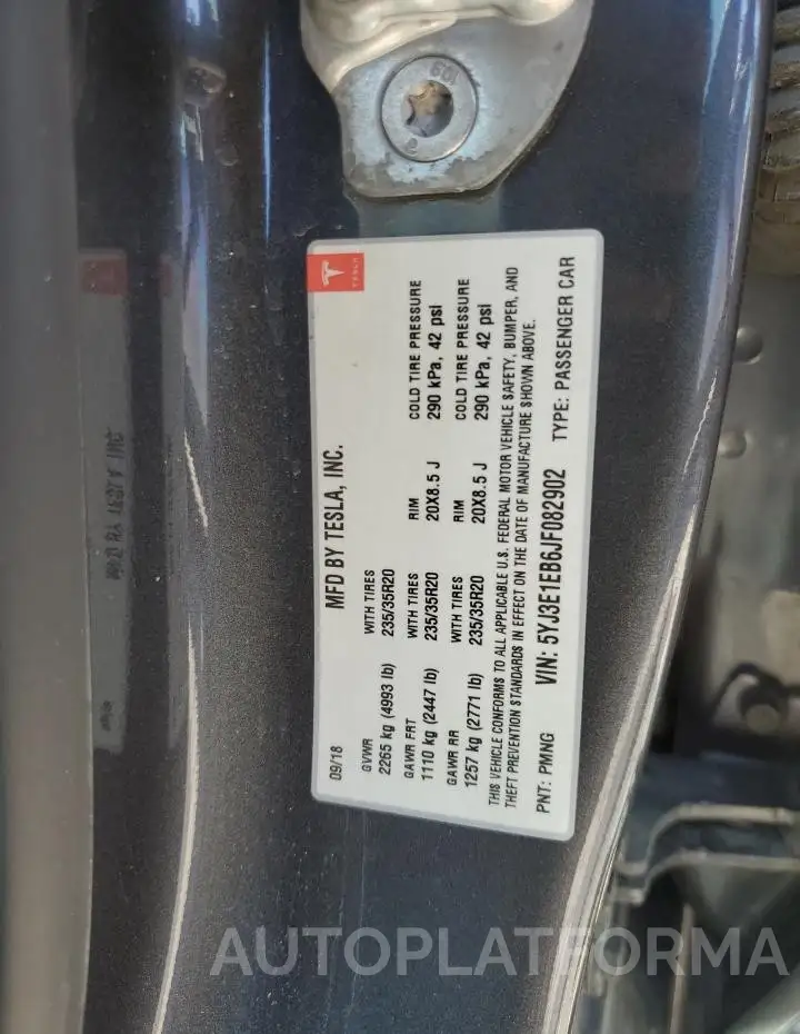 TESLA MODEL 3 2018 vin 5YJ3E1EB6JF082902 from auto auction Copart