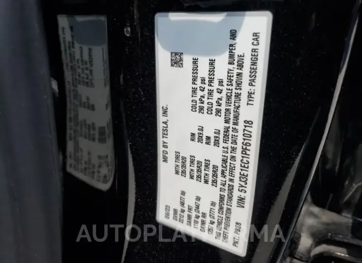 TESLA MODEL 3 2023 vin 5YJ3E1EC1PF610718 from auto auction Copart