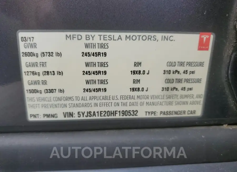 TESLA MODEL S 2017 vin 5YJSA1E20HF190532 from auto auction Copart