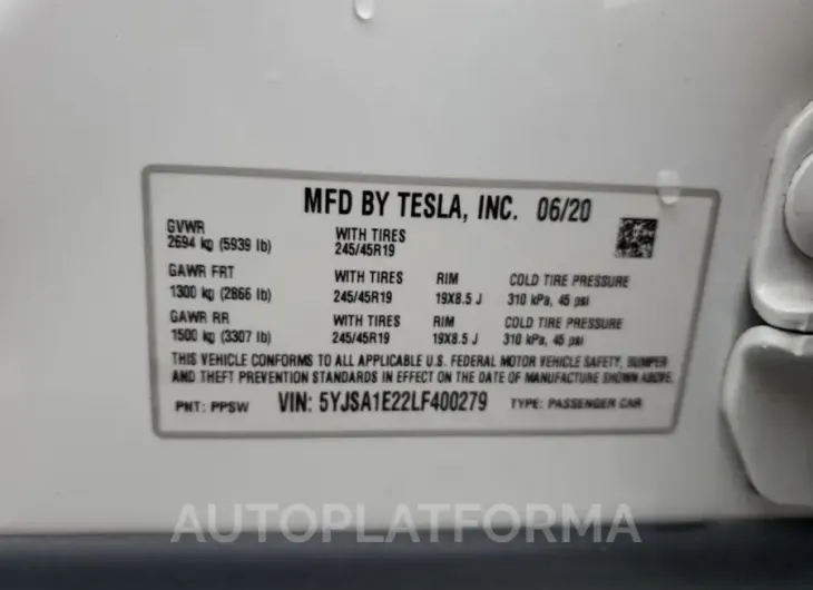 TESLA MODEL S 2020 vin 5YJSA1E22LF400279 from auto auction Copart