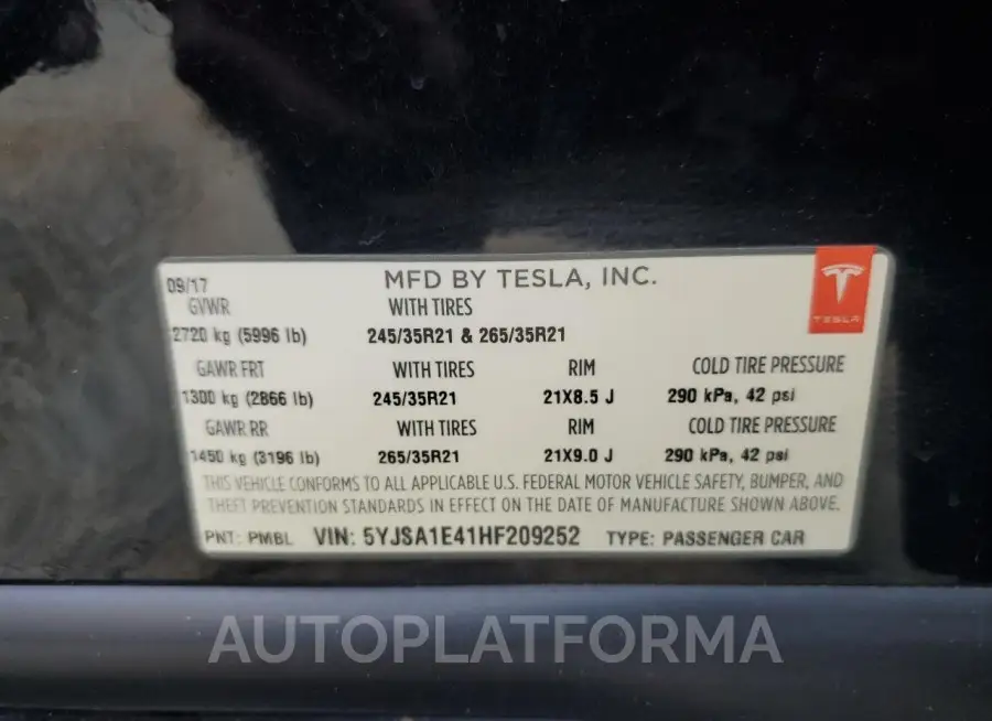 TESLA MODEL S 2017 vin 5YJSA1E41HF209252 from auto auction Copart