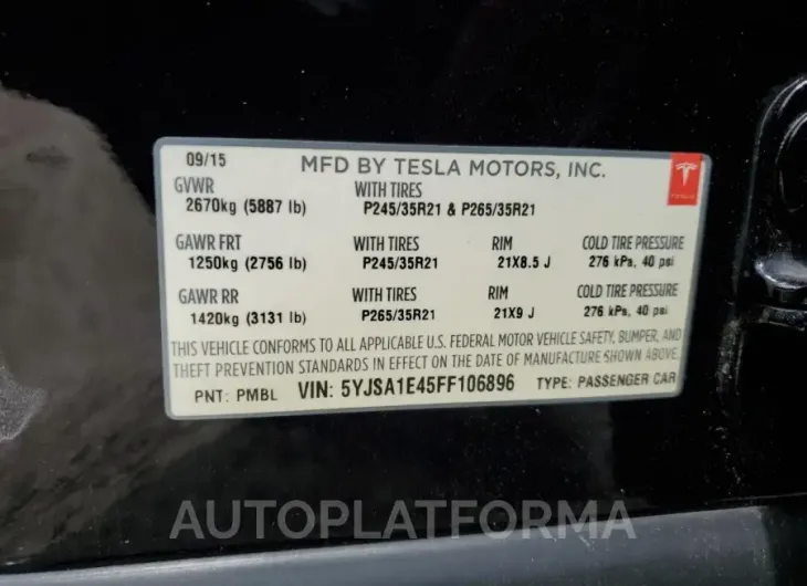 TESLA MODEL S 2015 vin 5YJSA1E45FF106896 from auto auction Copart