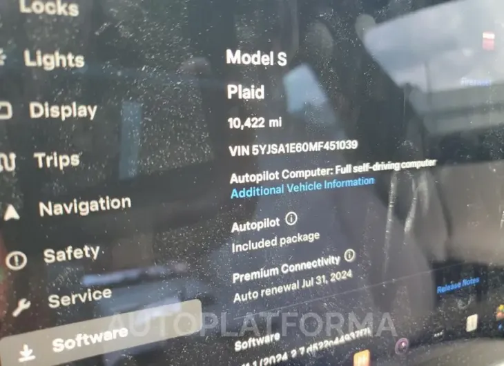 TESLA MODEL S 2021 vin 5YJSA1E60MF451039 from auto auction Copart