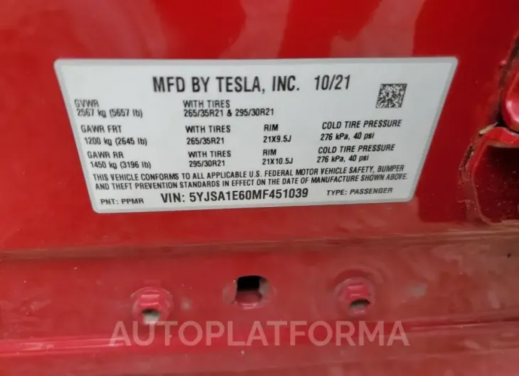 TESLA MODEL S 2021 vin 5YJSA1E60MF451039 from auto auction Copart