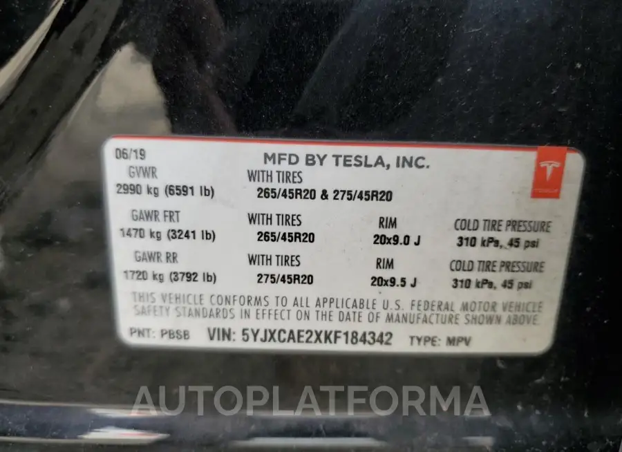 TESLA MODEL X 2019 vin 5YJXCAE2XKF184342 from auto auction Copart