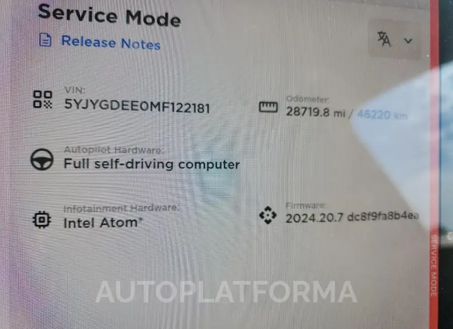 TESLA MODEL Y 2021 vin 5YJYGDEE0MF122181 from auto auction Copart