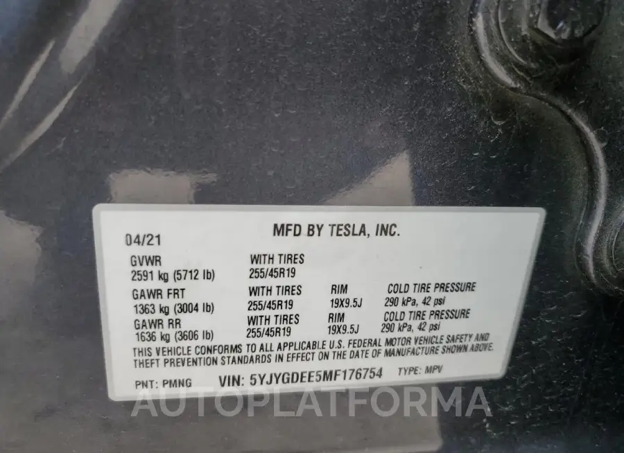 TESLA MODEL Y 2021 vin 5YJYGDEE5MF176754 from auto auction Copart