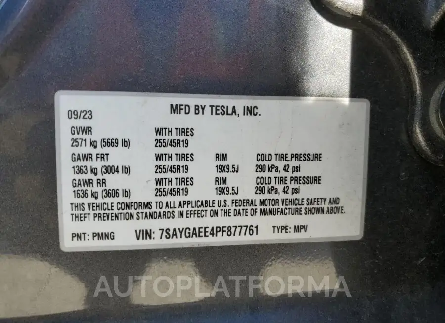 TESLA MODEL Y 2023 vin 7SAYGAEE4PF877761 from auto auction Copart