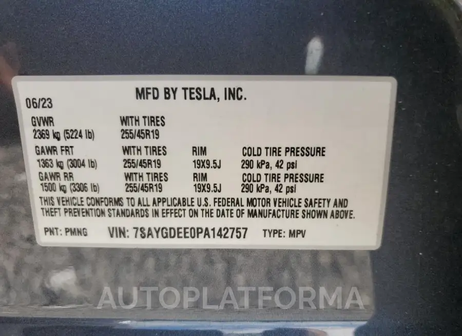 TESLA MODEL Y 2023 vin 7SAYGDEE0PA142757 from auto auction Copart