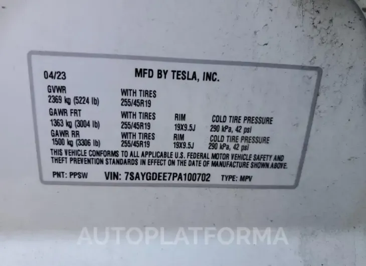 TESLA MODEL Y 2023 vin 7SAYGDEE7PA100702 from auto auction Copart