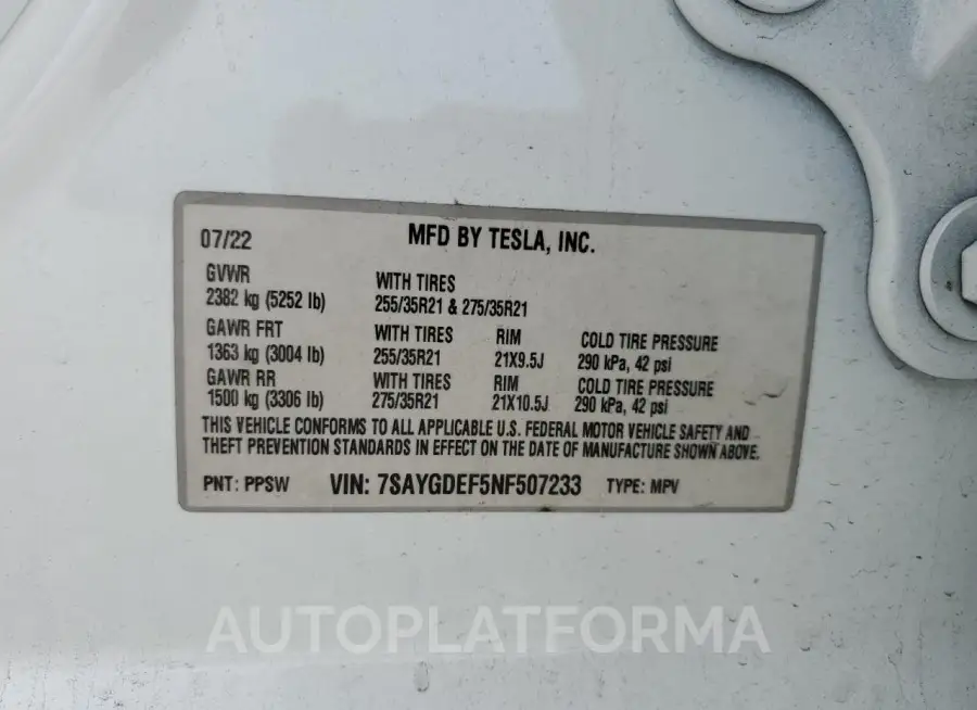 TESLA MODEL Y 2022 vin 7SAYGDEF5NF507233 from auto auction Copart