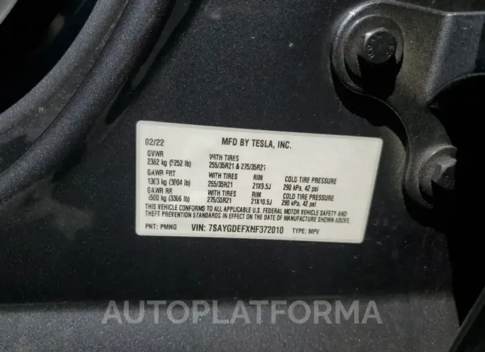 TESLA MODEL Y 2022 vin 7SAYGDEFXNF372010 from auto auction Copart