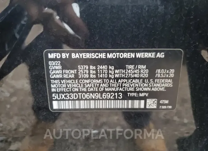 BMW X4 XDRIVE3 2022 vin 5UX33DT06N9L69213 from auto auction Copart