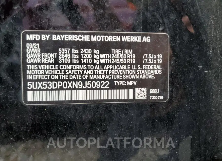 BMW X3 XDRIVE3 2022 vin 5UX53DP0XN9J50922 from auto auction Copart