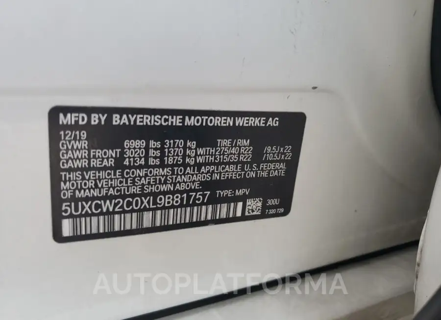 BMW X7 XDRIVE4 2020 vin 5UXCW2C0XL9B81757 from auto auction Copart