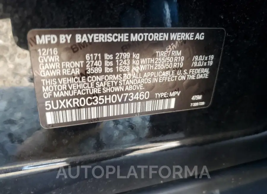 BMW X5 XDRIVE3 2017 vin 5UXKR0C35H0V73460 from auto auction Copart