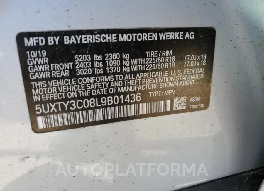 BMW X3 SDRIVE3 2020 vin 5UXTY3C08L9B01436 from auto auction Copart